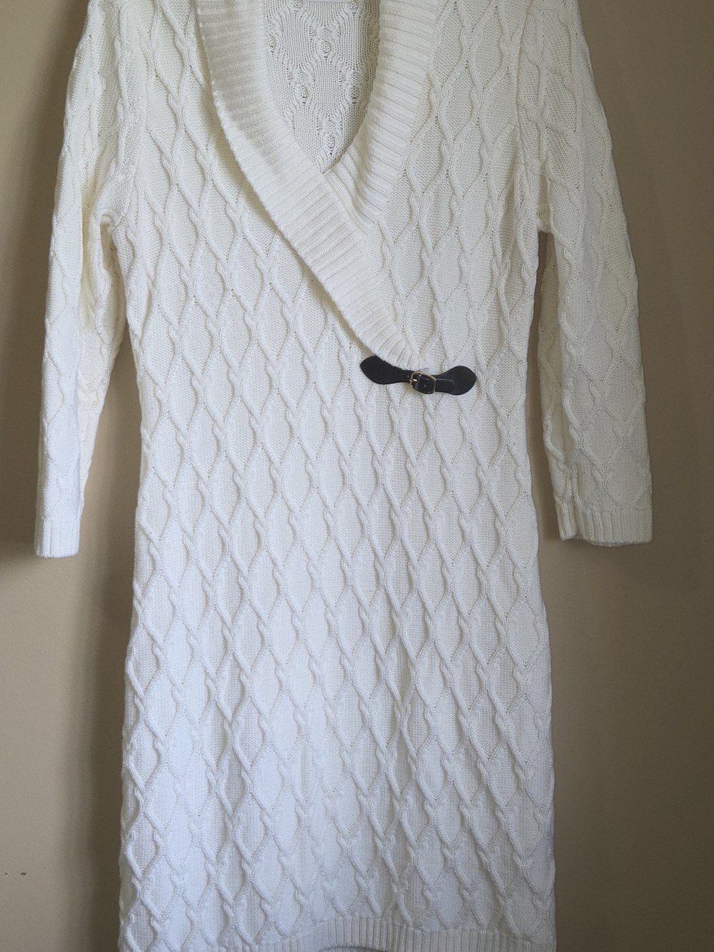 Calvin Klein Ivory Cable-Knit V-Neck Sweater Dress with Buckle